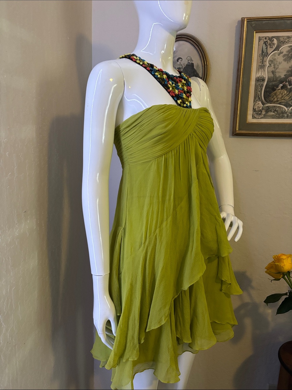 BCBGMaxAzria Lime Green Dress with Multicolor bejeweled Neckline
